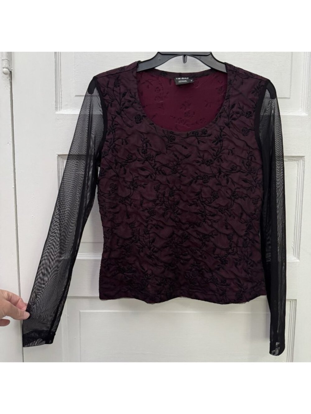 Tribal Women’s Small Burgundy Black Flocked Floral Mesh Long Sleeve Top
